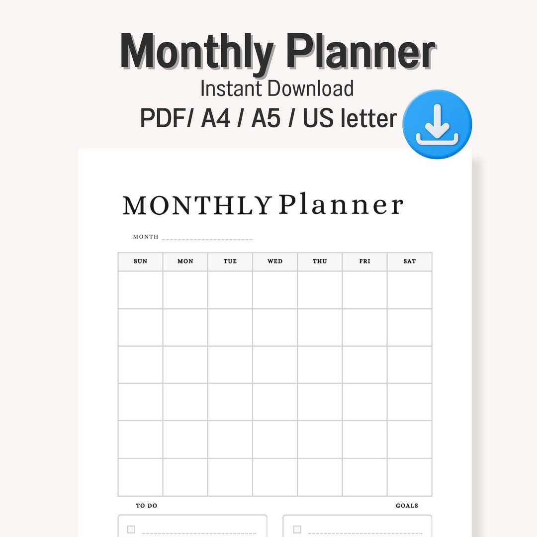 Monthly Planner Printable PDF A4 A5 US Letter Monthly Calendar Goals to