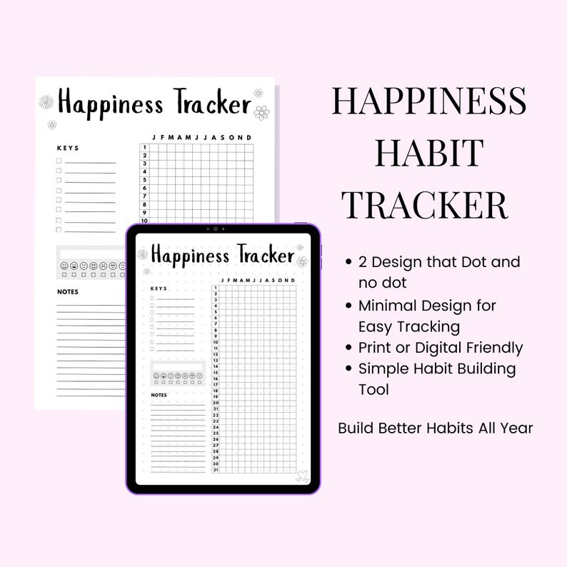 Happiness Tracker Printable | Yearly Mood Log Mental Wellness Planner ...