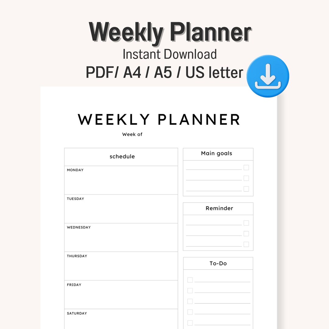 Weekly Planner Printable PDF A4 A5 US Letter Goals Schedule to Do ...