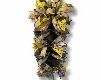 Bee Swag Wreath for Front Door | Yellow Black Honeycomb Deco Mesh | Farmhouse Spring Summer Door Decor