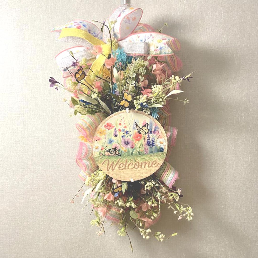 Wildflower Door Swag With Welcome Sign | Whimsical Farmhouse Spring ...