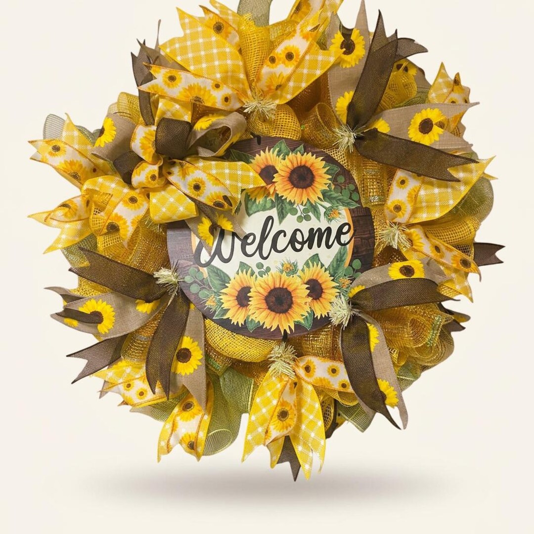 Sunflower Welcome Wreath for Front Door | Farmhouse Deco Mesh | Rustic ...