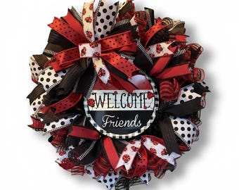 Corona de bienvenida de mariquitas para la puerta principal / Malla decorativa roja y negra con lunares para la entrada, ideal para primavera y verano.