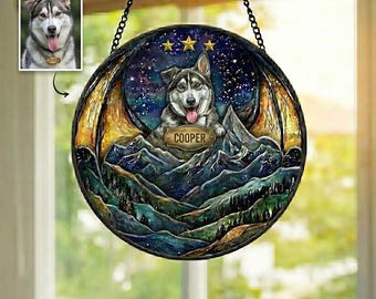 Personalized Dog Portrait Suncatcher, Custom Stained Glass Pet Memorial