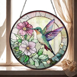 Hummingbird Suncatcher Window Hanging, Stained Glass Style Bird Sun Catcher Gift, Colorful Window Decor for Nature Lovers & Bird Fans