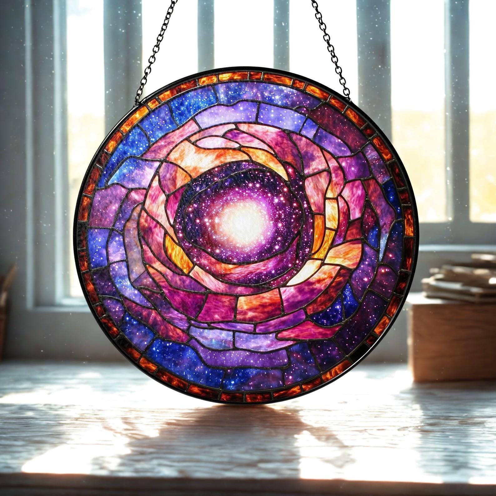 Stained Glass Galaxy Spiral Sun Catcher: Boho Window Hanging