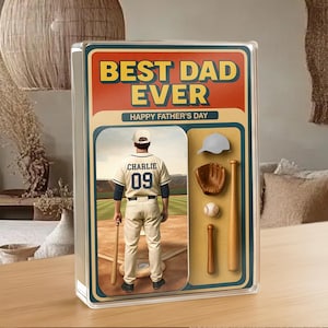 Vintage Baseball Dad Acrylplakette - Personalisiertes Vatertagsgeschenk von zwei Kindern - Benutzerdefiniertes Sportkarten-Andenken