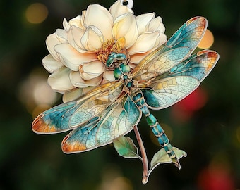 Stained Glass Style Dragonfly Ornament: Acrylic Suncatcher with Gold String