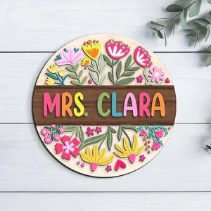 Aangepaste 3D leraar deurhanger, gepersonaliseerd leraar naambord, bloemen deurhanger leraar, houten leraar cadeau, decor terug naar school
