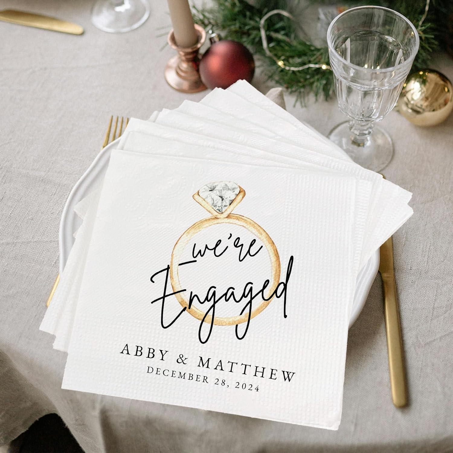Custom Engagement Napkins White, Luxury Custom Engagement Napkins, 2-Ply Paper, Beverage & Luncheon Sizes