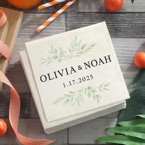 Elegant Wedding Napkin Template, Olivia and Noah, Green Leaf Design, Editable Digital File for Wedding & Event Decor