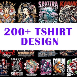 Puede incluir: Una colección de diseños gráficos para camisetas con temas japoneses. Los diseños presentan geishas, samuráis, peces koi y texto japonés. El texto "200+ TSHIRT DESIGN" se muestra en morado.