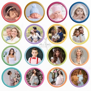 Könnte beinhalten: Eine Sammlung kreisförmiger Fotorahmen mit verschiedenen Bildern. Die Rahmen haben farbige Ränder und zeigen Porträts von Babys, Paaren, Kindern und schwangeren Frauen. Die Bilder sind vor einem weißen Hintergrund.