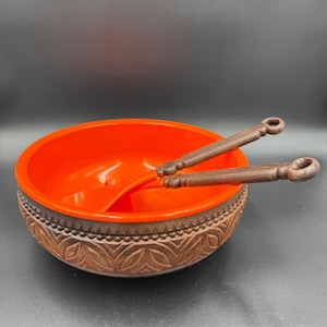Orange melamine salad bowl set, Emsa Germany, 1970s, wood-look exterior, with serving cutlery