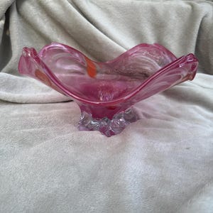 Handblown pink art glass bowl •  sculptural centrepiece • studio glass in Murano Style, Hollywood Regency • Housewarming, Shelf styling