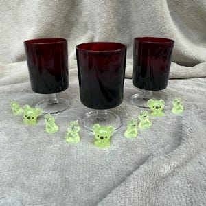 Ruby Red Wine Glasses made by Luminarc - French Chic Vintage set of 3 1970s Footed Cordial Glasses