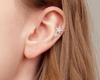 Starfish Pearl Ear Cuff: 925 Sterling Silver Clip-On Earring