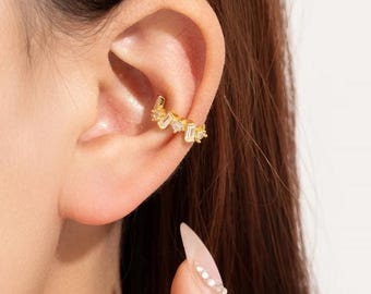 Sterling Silver Ear Cuff: Baguette CZ Stones, Ocean Enamel - No Piercing