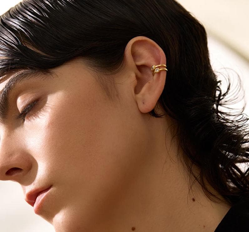 Gold Sterling Silver Double Line Ear Cuff: Zircon Clip-On Earring