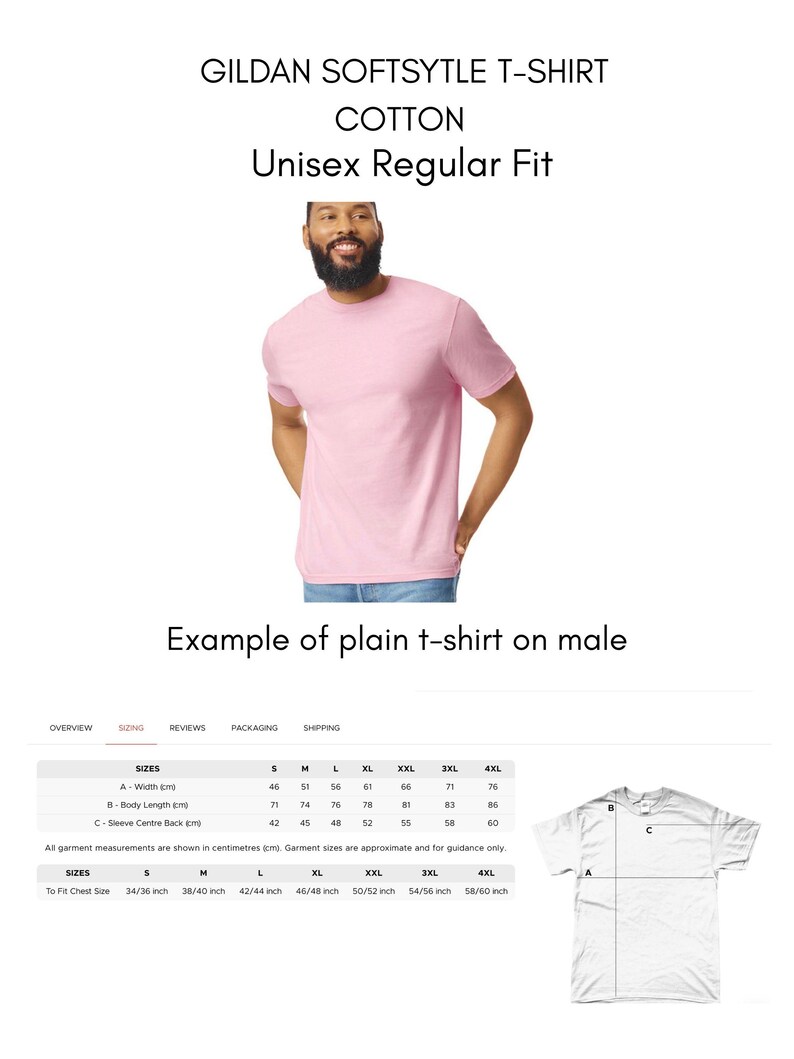 May include: A light pink Gildan Softstyle t-shirt, cotton, unisex regular fit. The image shows a person wearing the t-shirt. The image also includes a size chart with measurements in inches and centimeters.