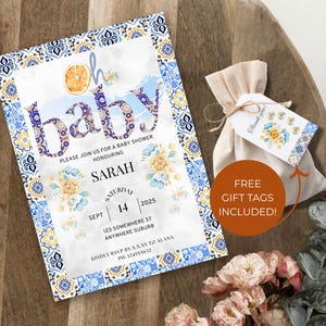 Mediterranean Lemon Baby Shower Editable Invitation with Gift tag | Italian Blue Tiles Template | Citrus Amalfi Baby Shower Decorations.