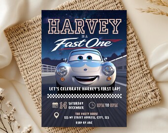 Fast One Race Car Birthday Invitation: Boy Cars Theme (Digital Download, 5x7 Canva Template)