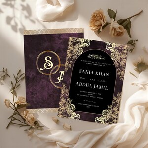 May include: Elegant wedding invitation with a dark purple background and gold floral accents. The invitation includes the names Sania Khan and Abdul Jamil, along with event details. The design features a decorative border and a monogram.