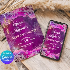 Purple Mehndi Sangeet Invitation: Indian Wedding Invite (Digital Download Editable Canva Template)