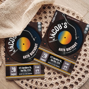 May include: Two birthday invitations with a vintage record player design. The invitations feature the text "Jacob's 60th Birthday" and event details. The design includes a brown wood grain background, a black record, and a yellow and blue centre.
