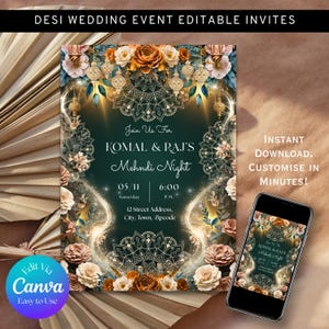 May include: A digital invitation for a Mehndi Night, featuring floral and ornamental designs in gold, white, and shades of green. The invitation includes the names Komal & Raj, date, time, and address. The text reads "Edit Via Canva Easy to Use."