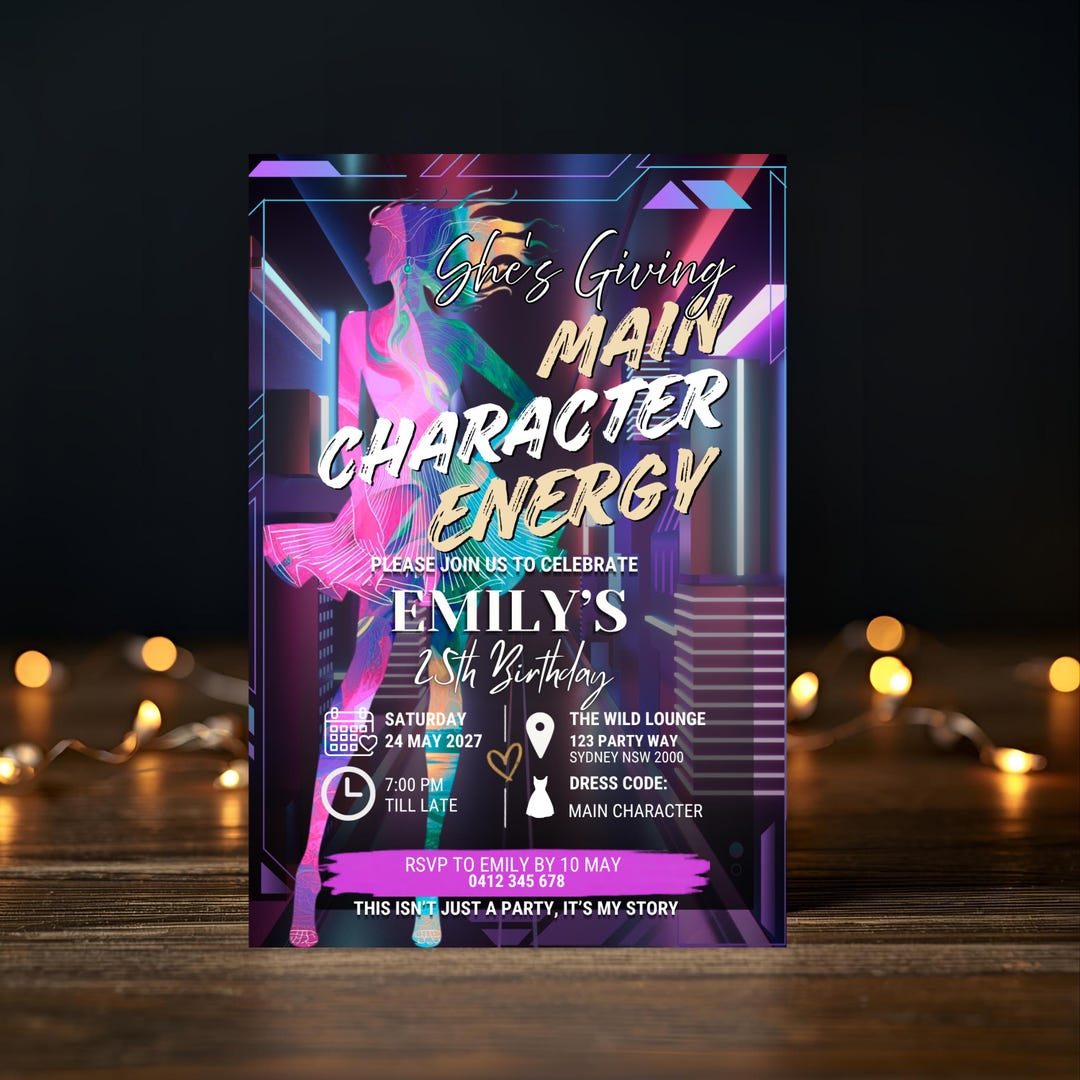 Main Character Birthday Invitation, Meme Neon Party Invite Template ...