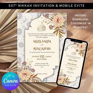 May include: A 5x7 inch Nikkah invitation and mobile evite design. The invitation features floral accents, ornate borders, and the names Aliza Salim and Riaz Khan. The design is also displayed on a smartphone. Text includes "Instant Download. Customize in Minutes!"