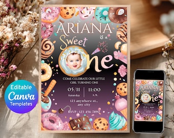 Sweet One Birthday Invitation: Dessert Candy Land Theme (Digital Download)