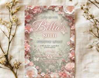 Invitación de brunch con flores rosas para 80.º cumpleaños: Elegante fiesta en el jardín, plantilla editable (descarga digital)