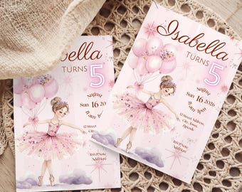 May include: Two pink birthday invitations featuring a ballerina with pink balloons. The invitations read "Isabella Turns 5" with the date and time. The ballerina is wearing a pink tutu and holding balloons. The invitations are on a woven surface.