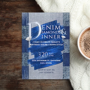 Editable Denim Diamonds Dinner Birthday Party Invite. Digital Invitation Template. Boho Bling Glam Blue Jean Party Evite. Customisable Denim