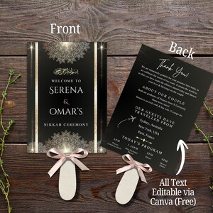 May include: Black and gold wedding invitation with the names "Serena & Omar's" and "Nikkah Ceremony" printed on the front. The back of the invitation includes a thank you message and event details. The invitation is decorated with a pink bow.