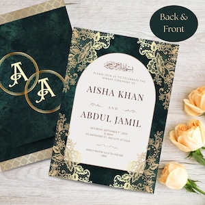 May include: An invitation suite featuring a dark green background with gold floral accents. The invitation includes the names "Aisha Khan" and "Abdul Jamil" and event details. The back of the invitation has two gold circles with the letter "A".