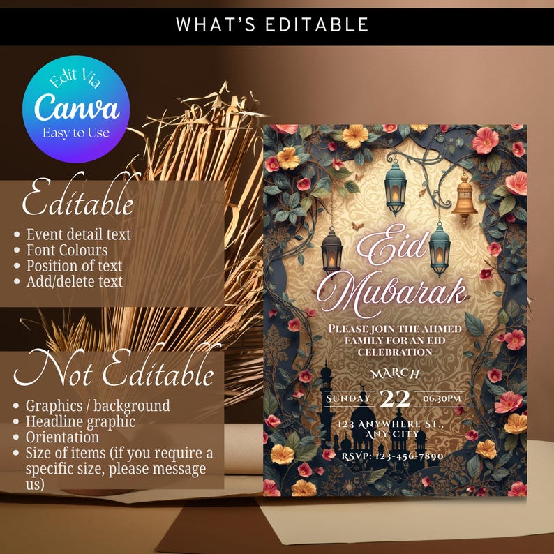Elegant Eid celebration invitation template Ramadan lantern design editable Canva invite