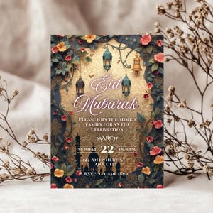 Eid Mubarak invitation template editable Canva Islamic Eid party invitation with lanterns and mosque design