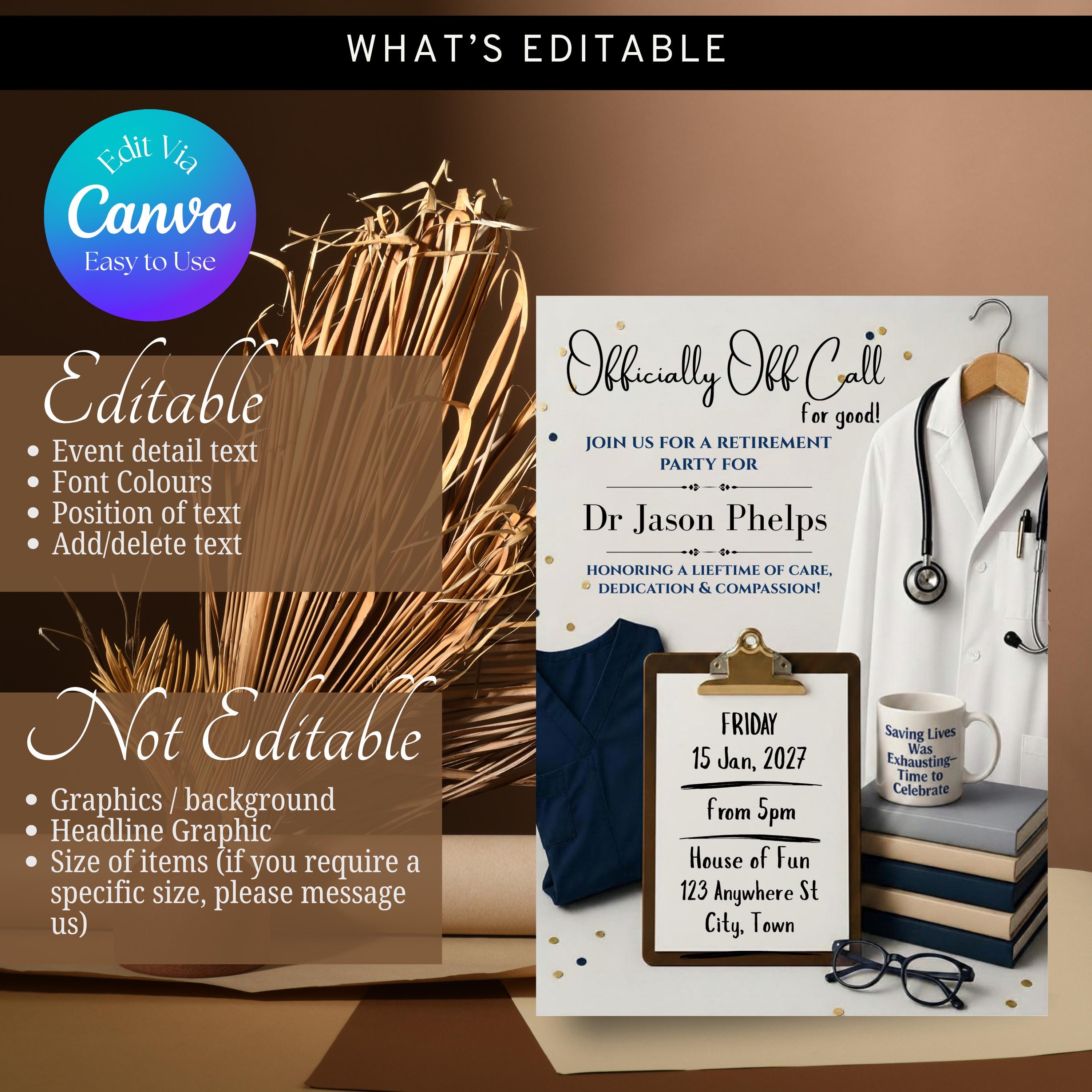 Doctor Retirement Invitation. Editable Canva Template - Medical ...