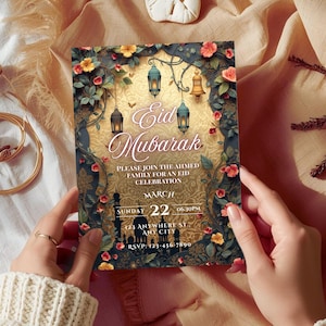 Eid Mubarak invitation template editable Canva Islamic Eid party invitation with lanterns and mosque design