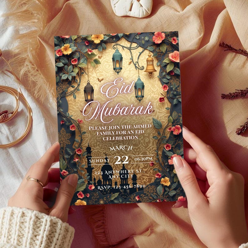 Eid Mubarak invitation template editable Canva Islamic Eid party invitation with lanterns and mosque design