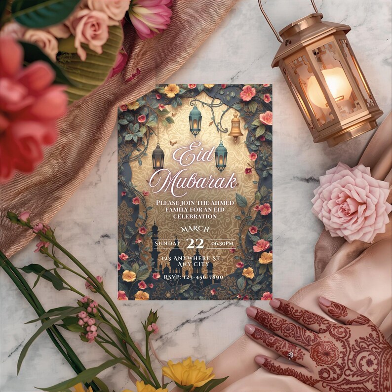 Eid Mubarak invitation template editable Canva Islamic Eid party invitation with lanterns and mosque design