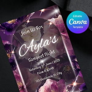 Editable Luxury Mehndi Sangeet Invitation - Glowing Floral Indian Wedding Invite for Holud, Mayan, Dholki,  Nikkah. Purple Pink Email Invite