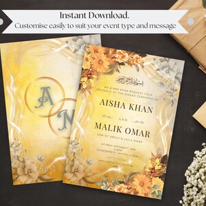 May include: Two wedding invitation cards with floral and gold accents. The cards feature the names Aisha Khan and Malik Omar, with event details. The text "Instant Download" and "Customise easily" are also visible.