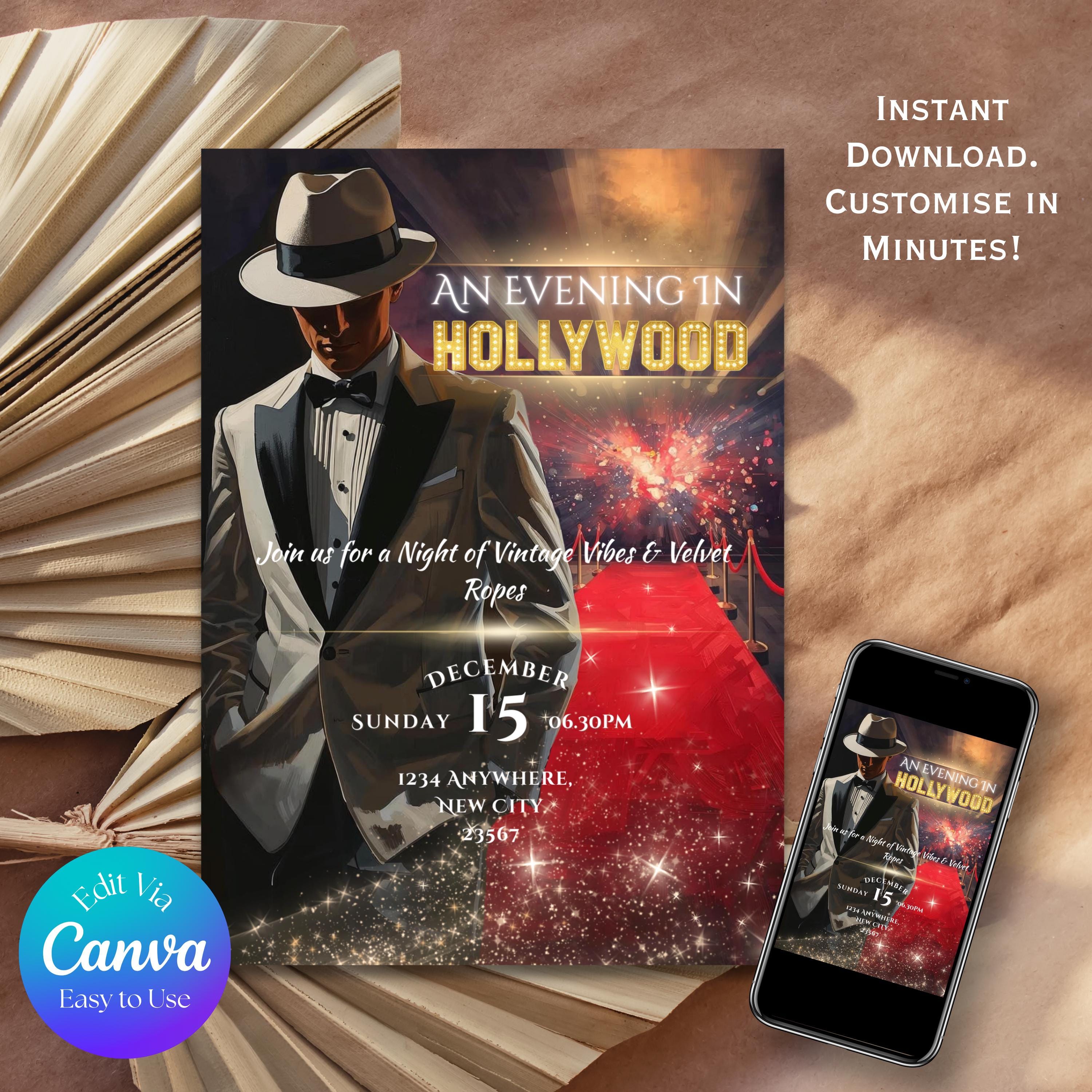 Old Hollywood Party Invitation. Editable Celebrity Red Carpet, Vintage ...