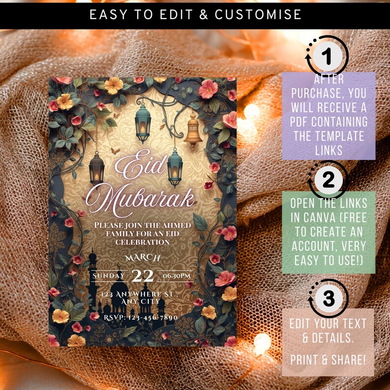 Elegant Eid celebration invitation template Ramadan lantern design editable Canva invite