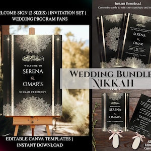 May include: A wedding bundle featuring a welcome sign, invitation set, and wedding program fans. The welcome sign is black with gold detailing and reads "Welcome to Serena & Omar's Nikkah Ceremony." The invitation and program cards are also black with gold.