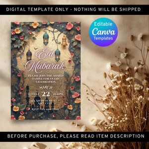 Elegant Eid celebration invitation template Ramadan lantern design editable Canva invite